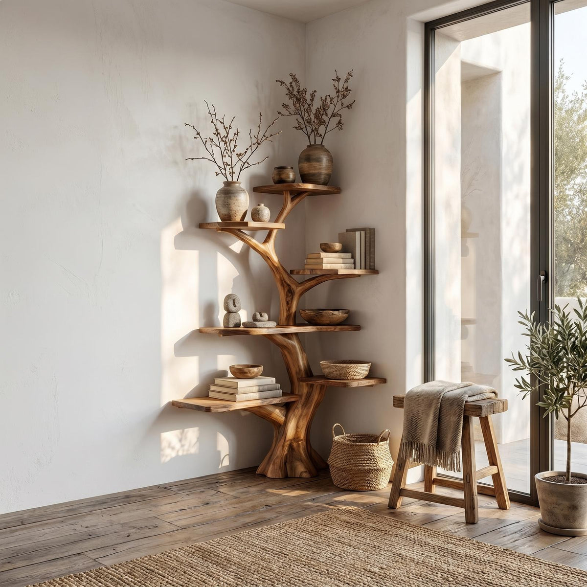Spry Interior Rustic Corner Tree Bookshelf, Solid Wood Wall Mounted Bookcase & Decorative Hanging Corner Display for Living Room Decor - SINLSATB309