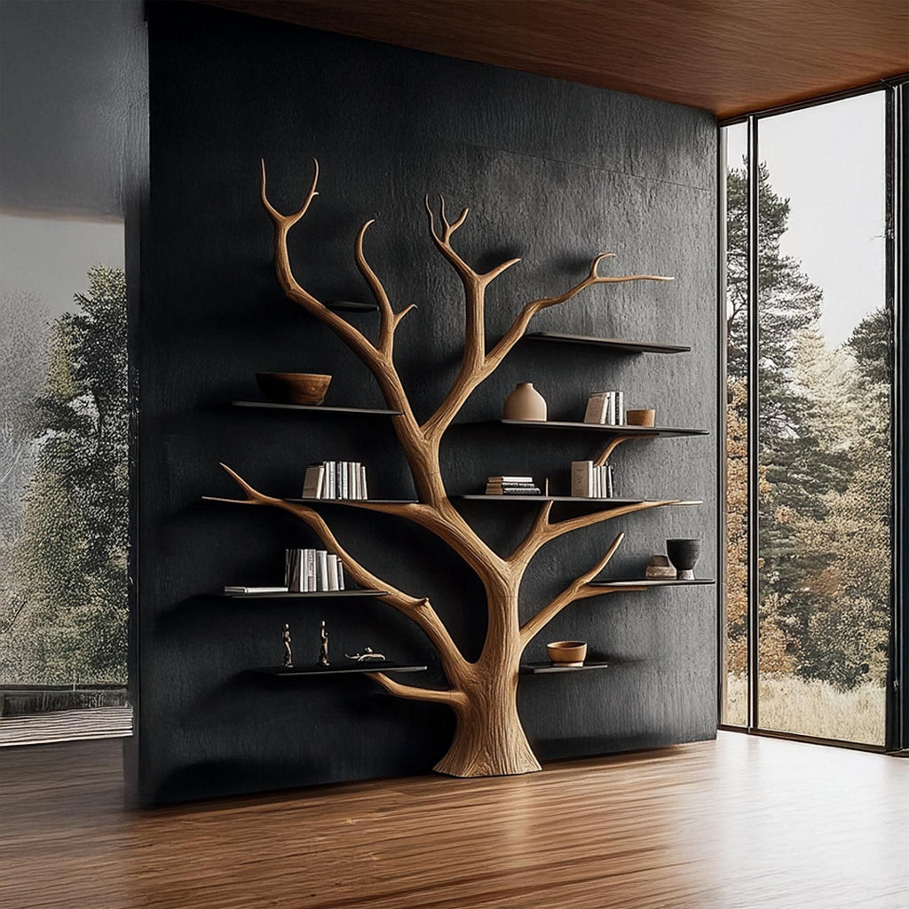 Rustic Artistic Tree Bookshelf, Solid Wood Wall Mounted Bookcase & Decorative Shelving Unit for Home Library & Living Room
