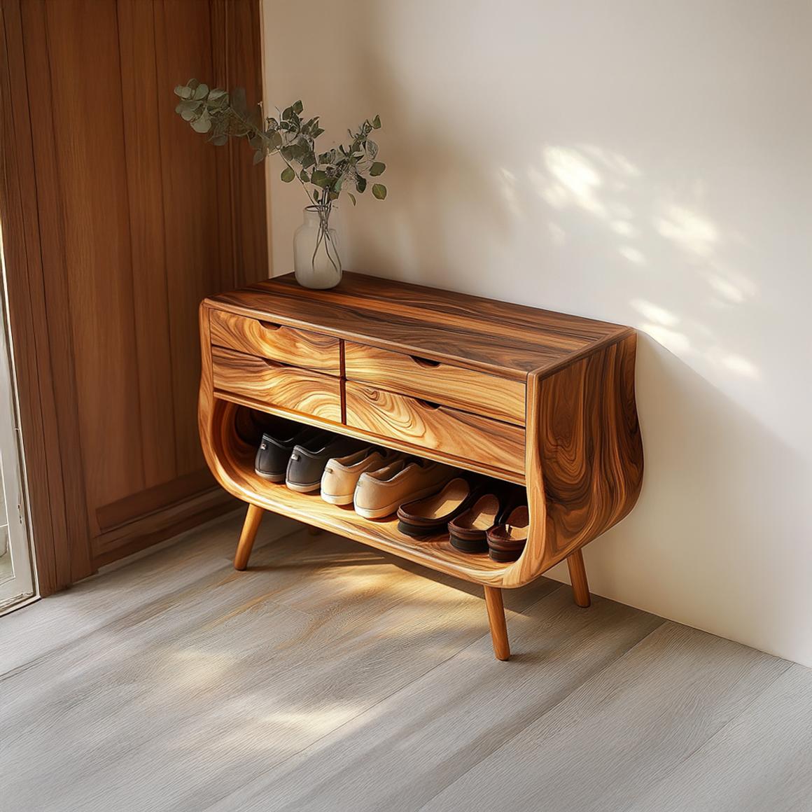 Mid Century Modern Shoe Organizer Bench, Soft Curved Solid Wood Storage Cabinet for Entryway, Reading Room
