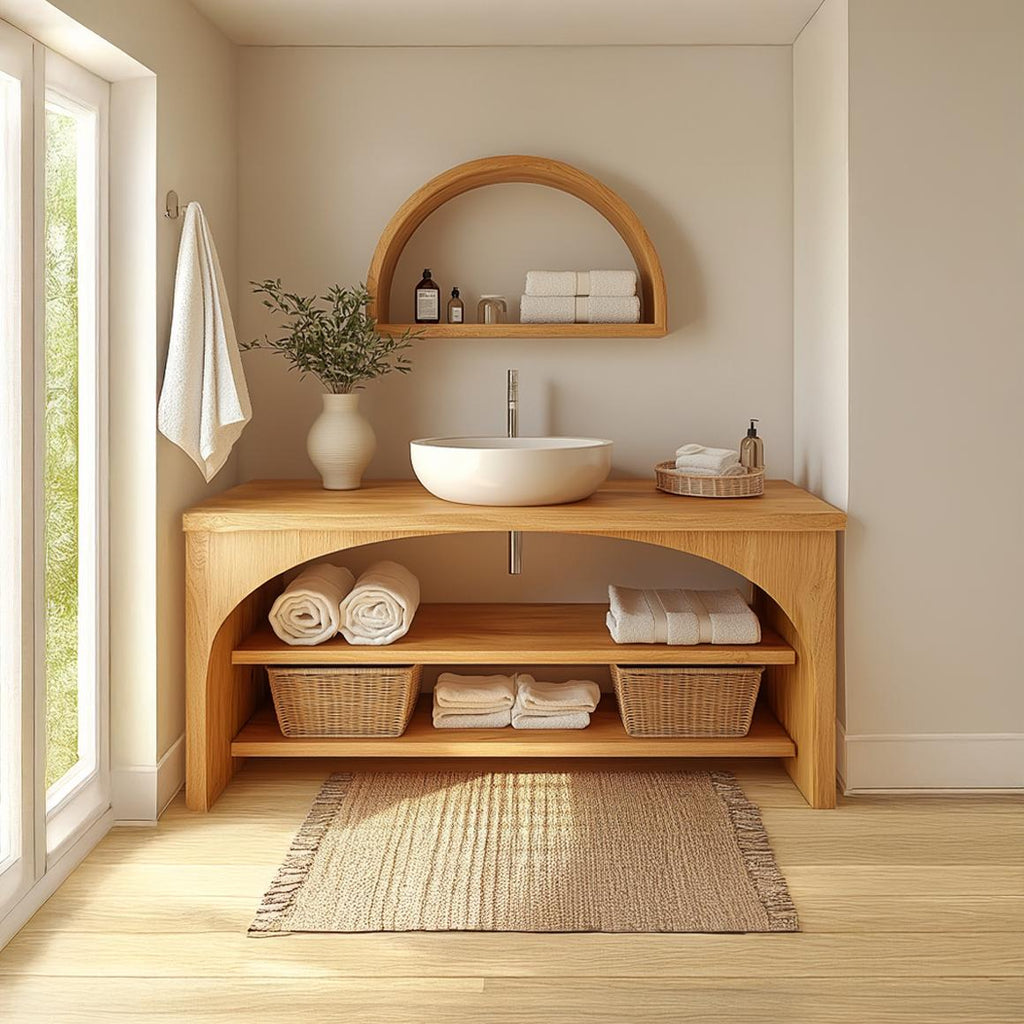 Spry Interior Minimal Wooden Bathroom Vanity Cabinet, Handcrafted Open Shelving and Storage Console for Modern Powder Room, SINLSABRV204