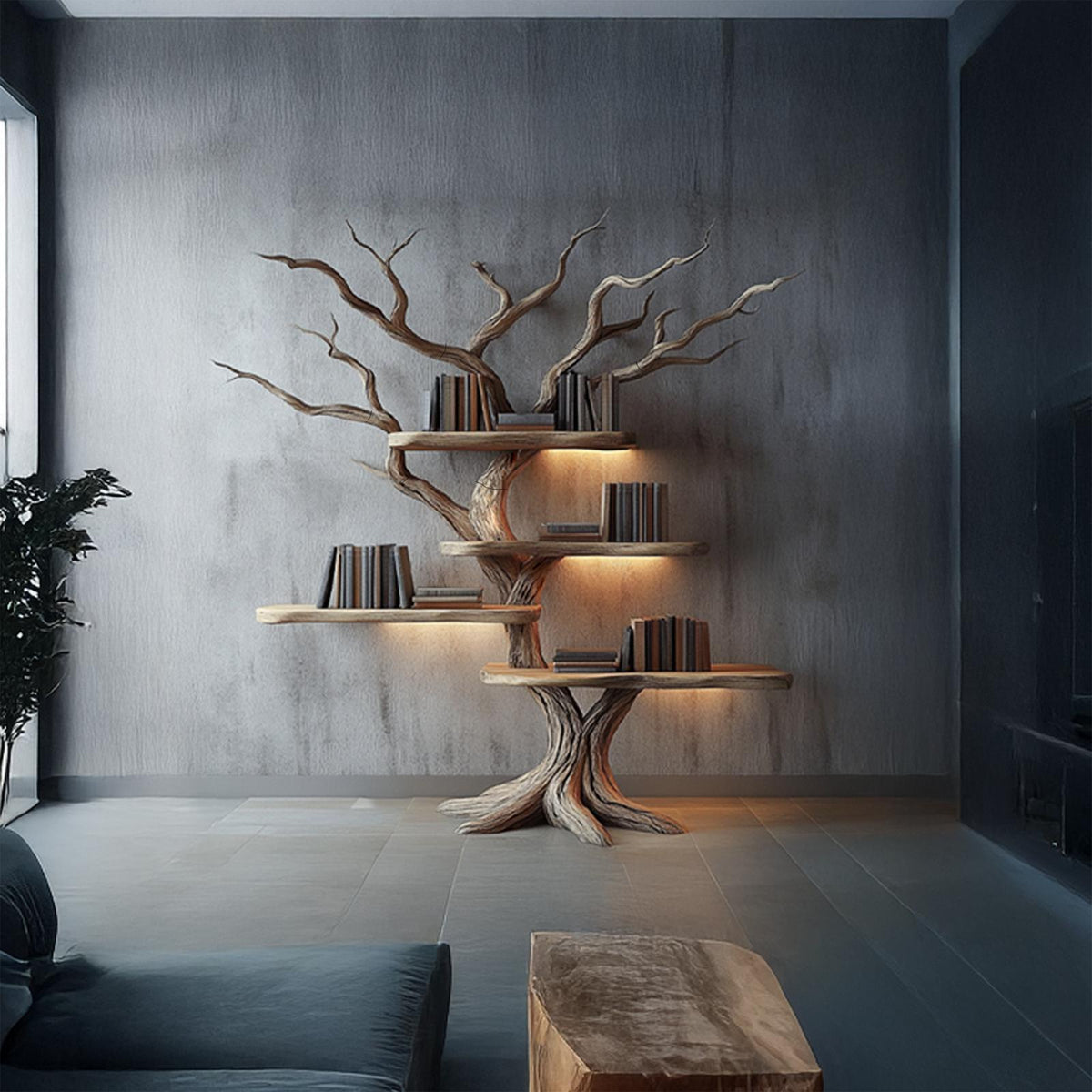 Rustic Branch Bookshelf, Solid Wood Wall Mounted Bookcase & Handcrafted Floating Display Organizer for Study Room Decor
