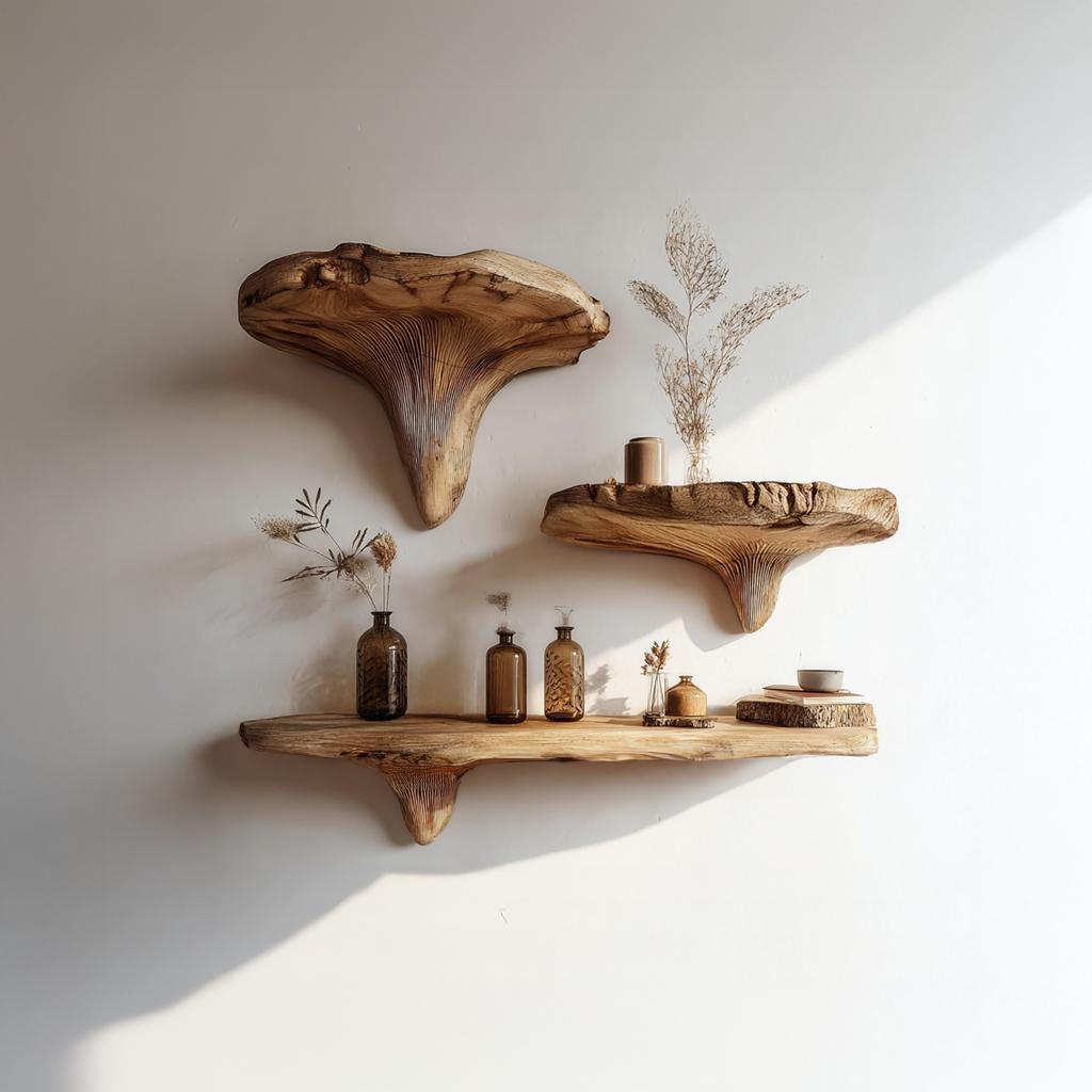 Rustic Live Edge Mushroom Floating Shelves, Handcrafted Wood Branch Wall Mounted Display Shelf for Living Room