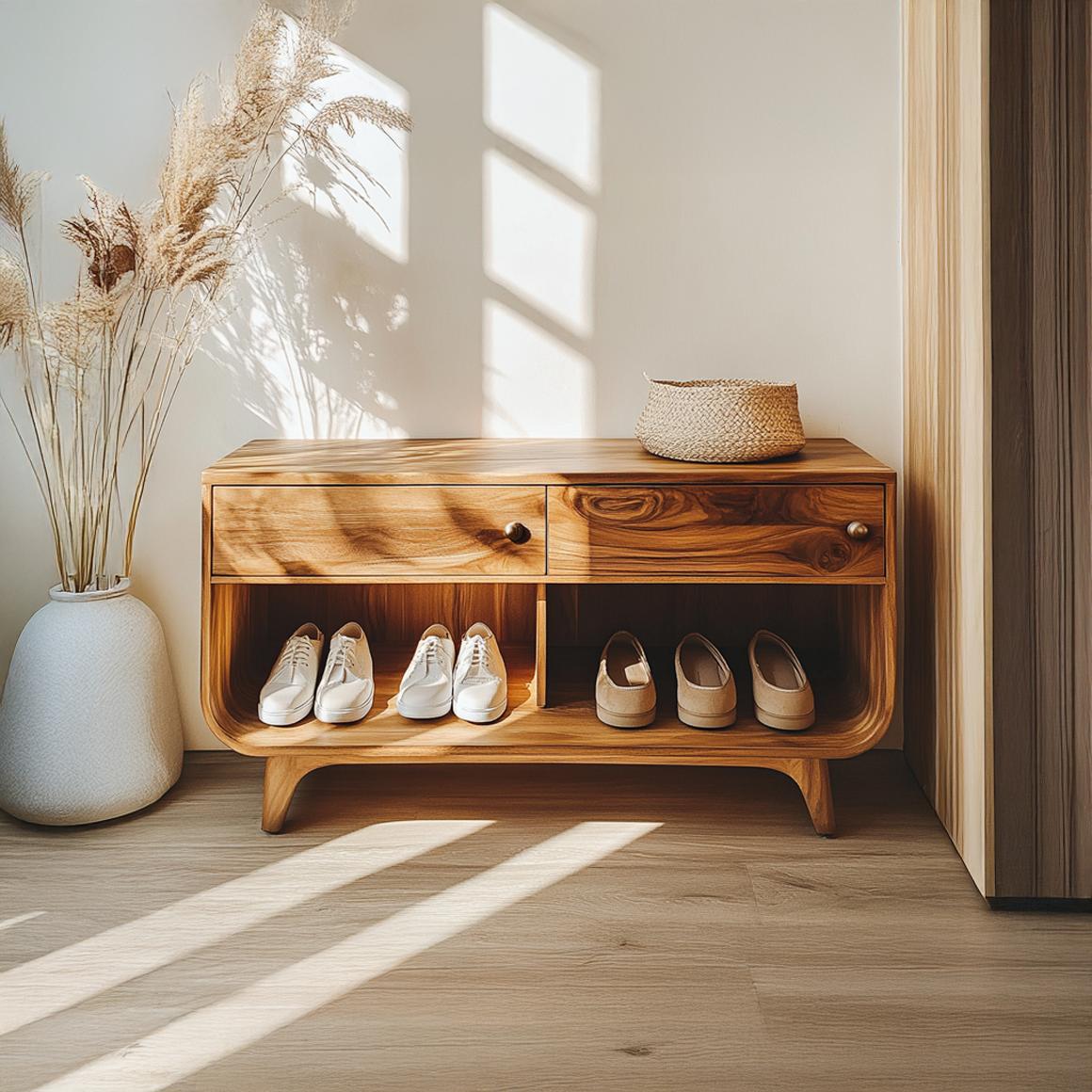 Scandinavian Functional Shoe Organizer, Modern Solid Wood Storage Bench Cabinet for Entryway, Hallway & Bedroom