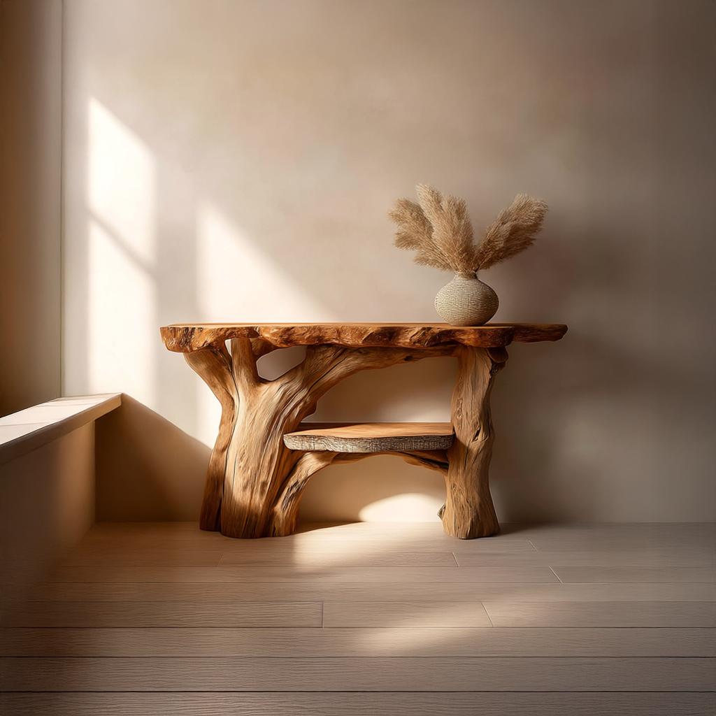Rustic Sculptural Solid Wood Console Table, Living Room Accent Sofa Table, Handcrafted, Model