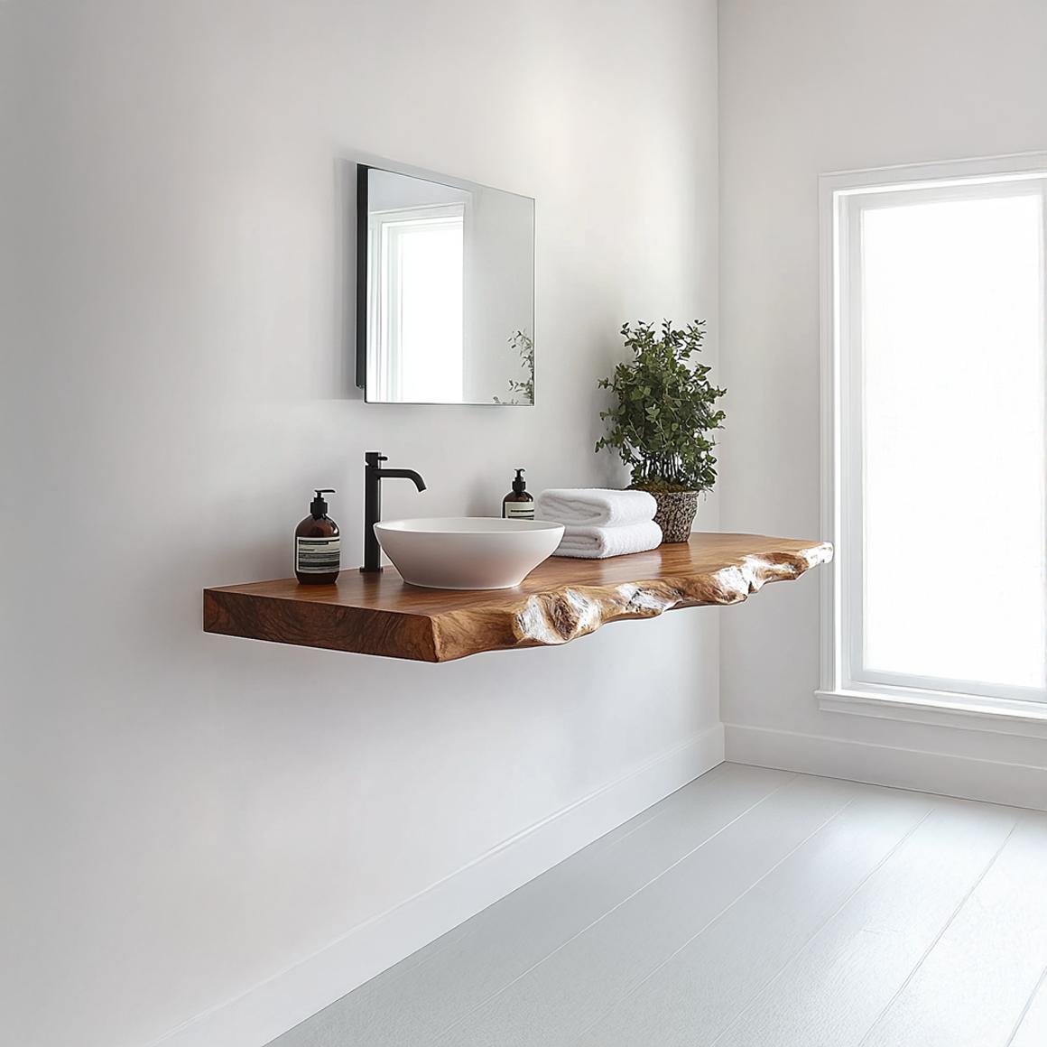 Spry Interior Floating Bathroom Vanity Shelf, Rustic Handcrafted Artisan Wood Washstand Countertop, Wall Mounted Bathroom Console SINLSABRV228