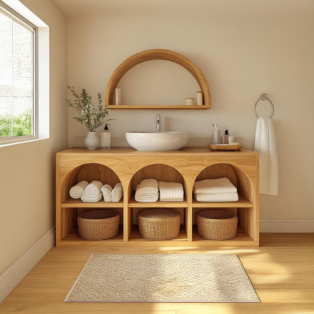 Scandinavian Wooden Bathroom Storage Cabinet with Arched Open Shelves, Natural Wood Linen Organizer for Modern Home