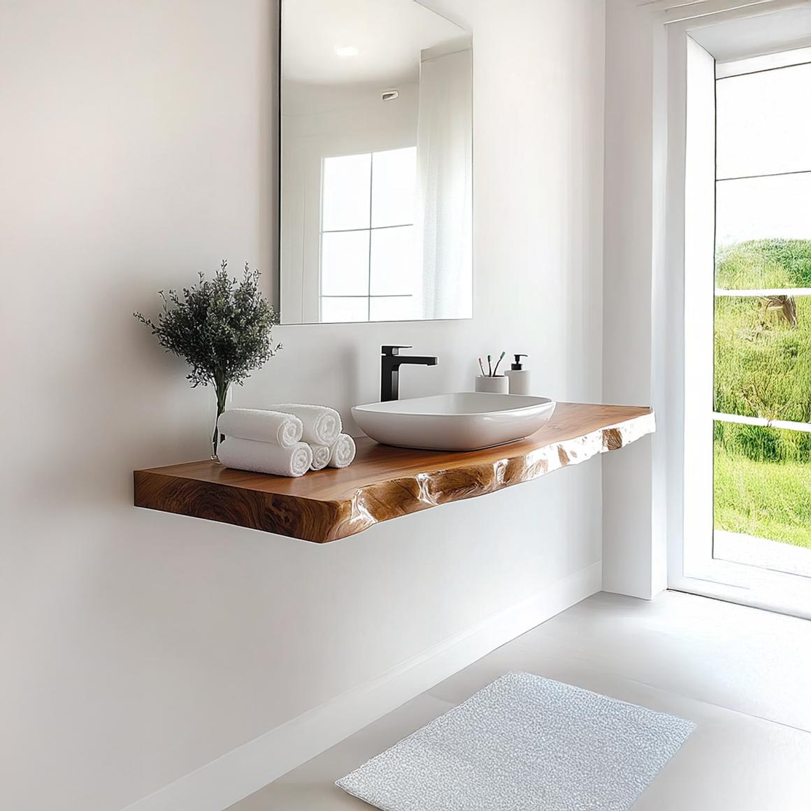 Spry Interior Mid Century Floating Bathroom Vanity, Live Edge Solid Wood Washstand Shelf, Wall Mounted Rustic Bathroom Storage Console SINLSABRV230