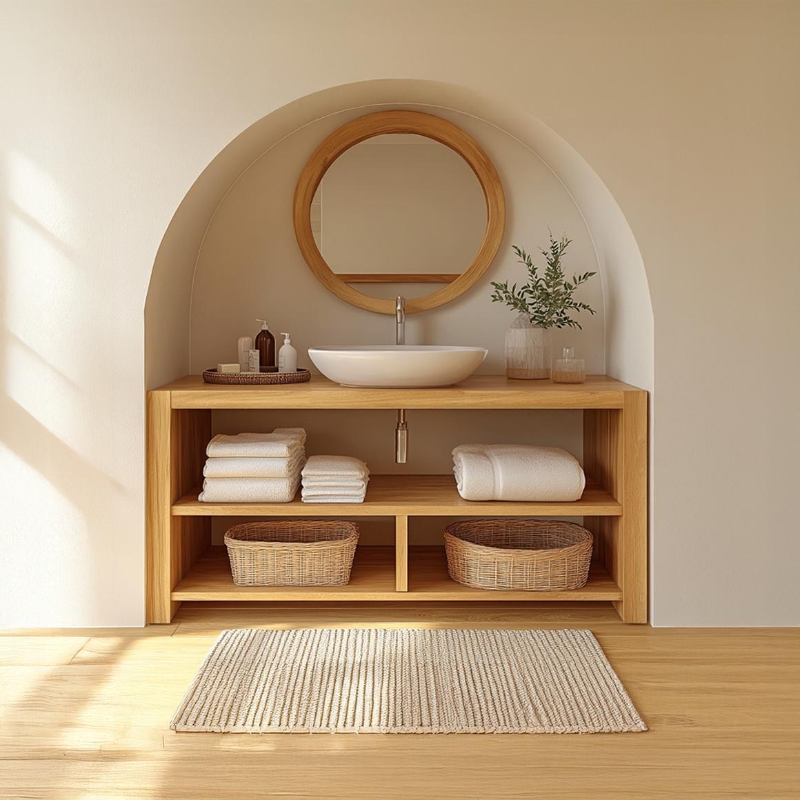 Spry Interior Minimalist Wooden Bathroom Storage Cabinet with Open Shelves, Handcrafted Natural Wood Organizer Tower for Bathroom, SINLSABRV209