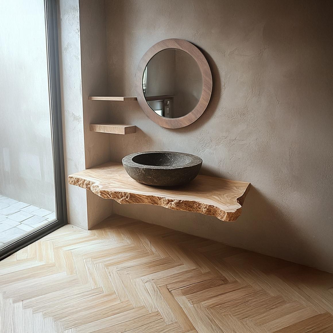 Spry Interior Rustic Live Edge Wood Floating Shelf, Bathroom Vanity Natural Edge Solid Wood Wall Shelf, Model SINLSABRV176