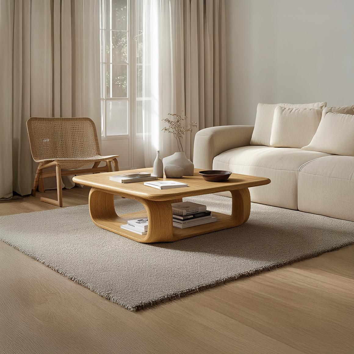 Scandinavian Soft Edge Coffee Table, Handcrafted Wood Minimalist Smooth Curve Centerpiece for Lounge, Living Room
