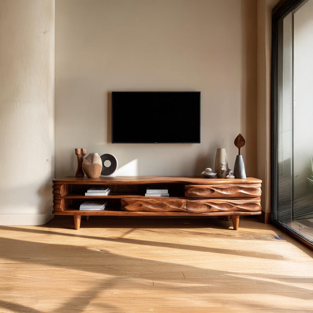 Mid-Century Sculpted Wooden TV Stand, Solid Hardwood Television Console Cabinet, Modern Living Room Entertainment Center
