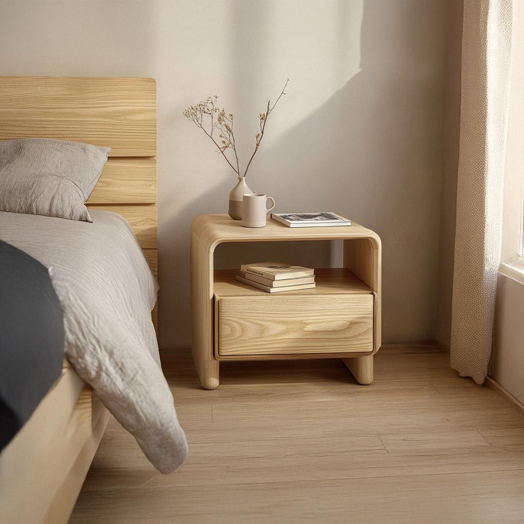 Spry Interior Mid Century Modern Accent Bedside Table, Handcrafted Solid Wood Bedroom Nightstand, Rustic Side Table with Open Storage SINLSABT177