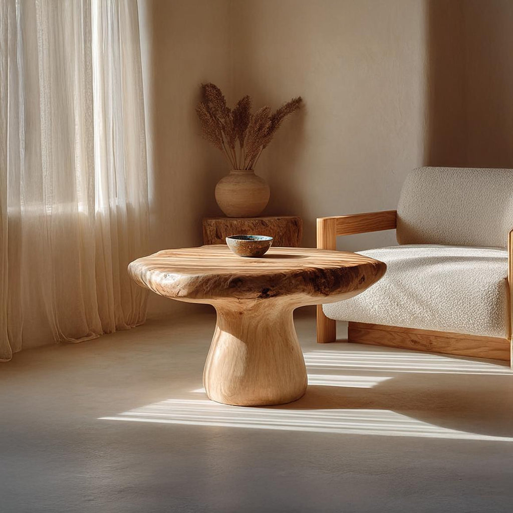Spry Interior Rustic Mushroom Wood Coffee Table, Unique Solid Wood Living Room Accent Center Table, Model SINLSACF144