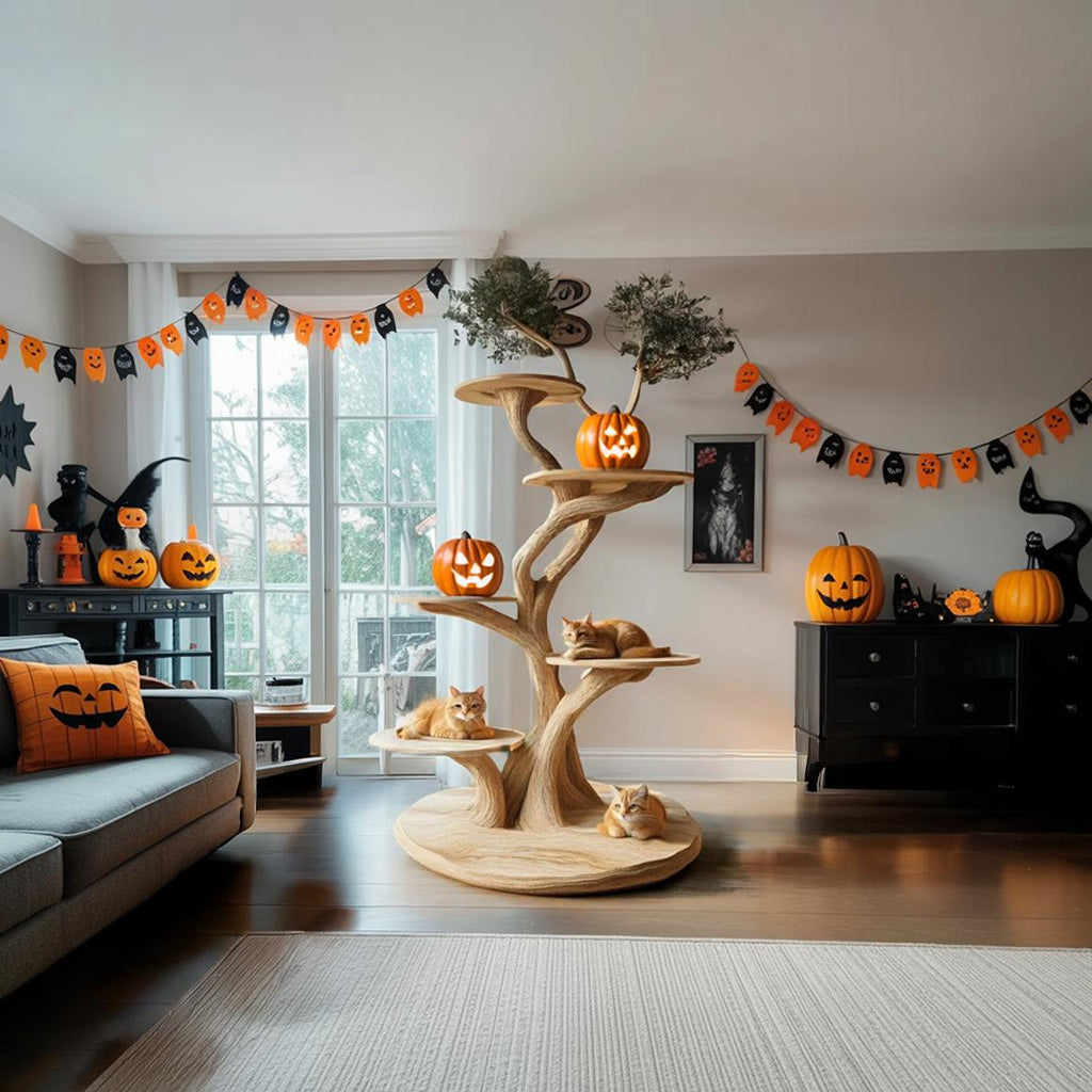 Rustic Real Wood Cat Tree Tower, Multi-Level Branch Cat Climbing Tree, Spooky Gothic Living Room Cat Furniture