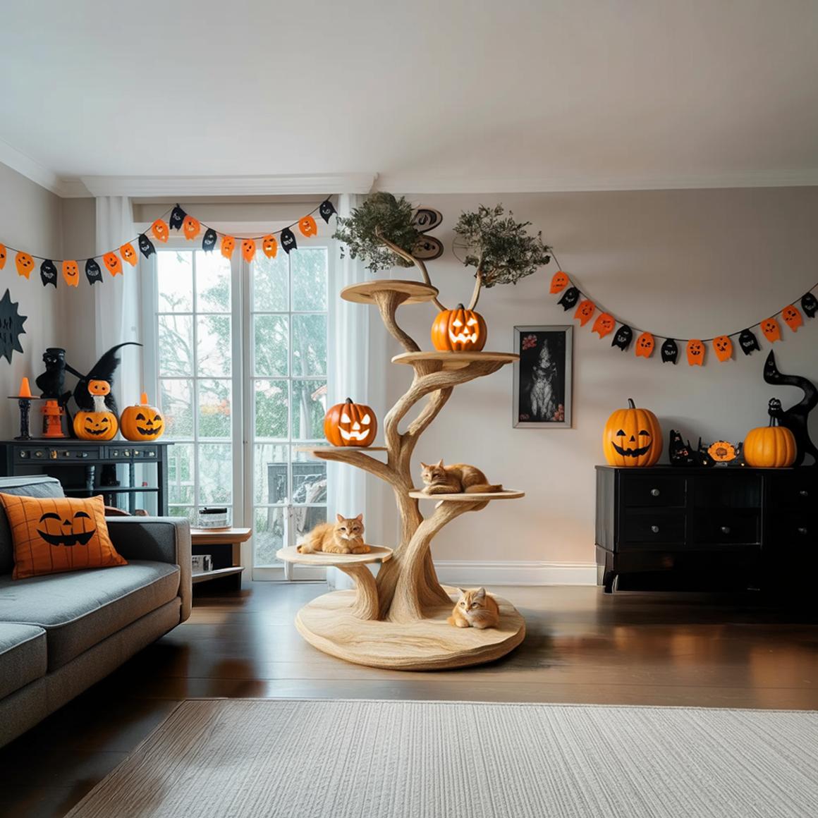 Rustic Real Wood Cat Tree Tower, Multi-Level Branch Cat Climbing Tree, Spooky Gothic Living Room Cat Furniture