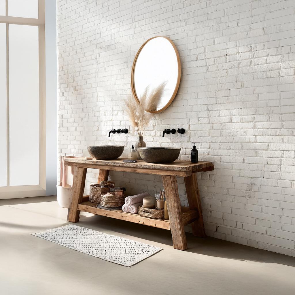 Mid-Century Handmade Washstand, Solid Wood Washroom Vanity Console Table, Single Sink Bathroom Stand Shelf