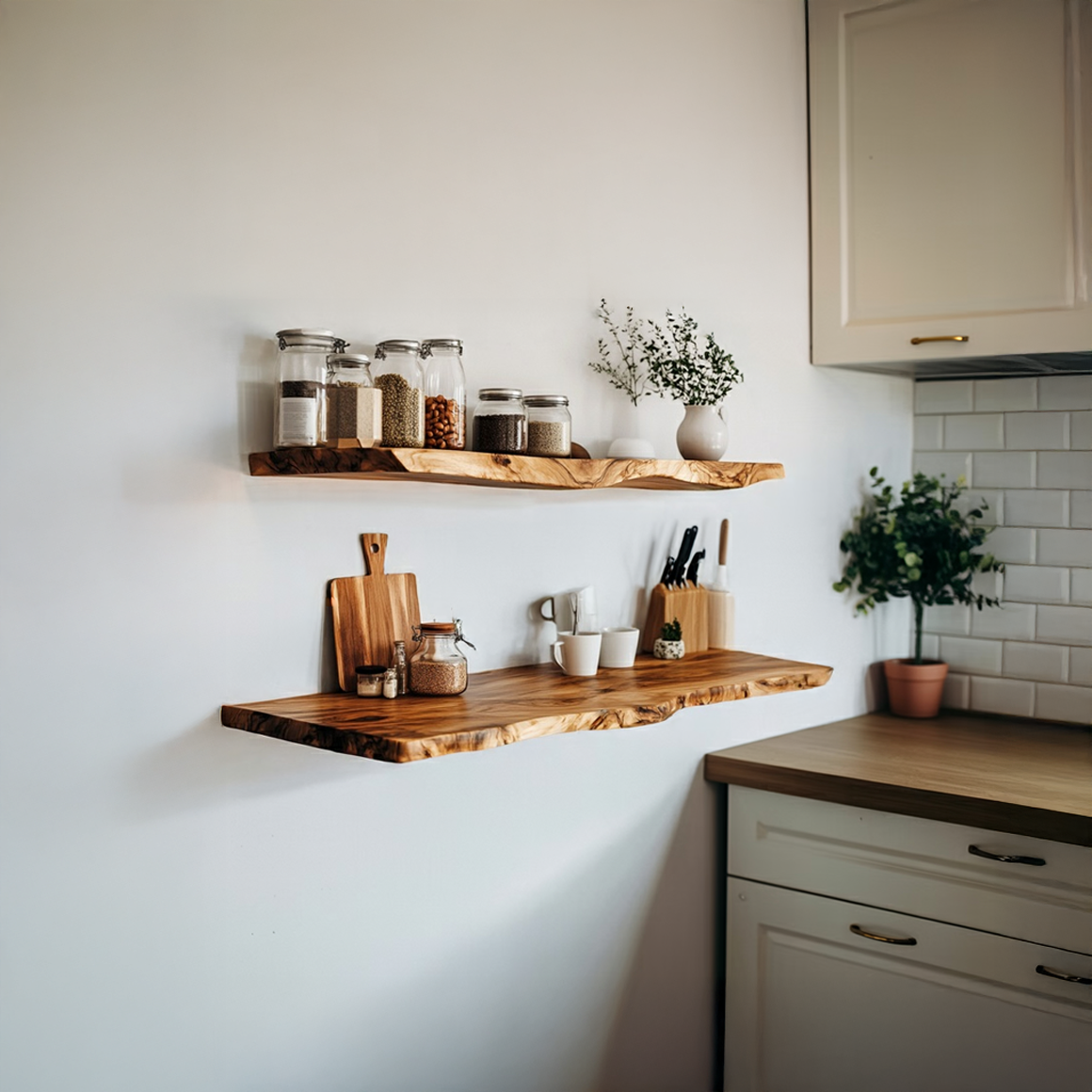 Handcrafted Live Edge Wood Floating Shelf, Wall Mounted Storage Organizer & Rustic Kitchen Tableware Decorative Display
