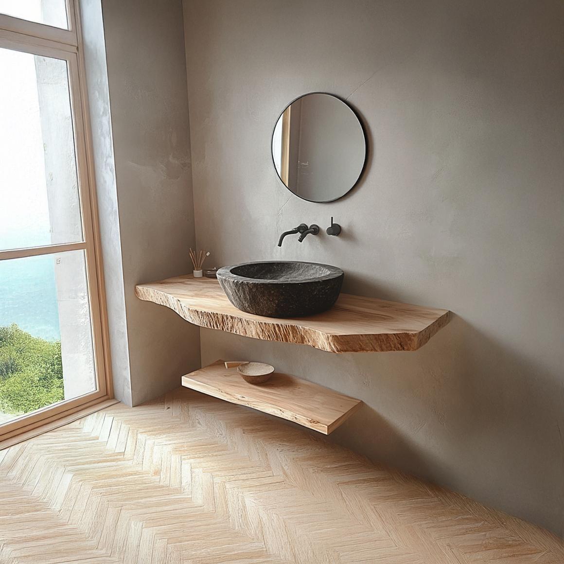 Teezano Mid Century Wood Floating Shelf, Washroom Vanity Solid Wood Wall Mounted Storage Shelf, Model SINLSABRV174