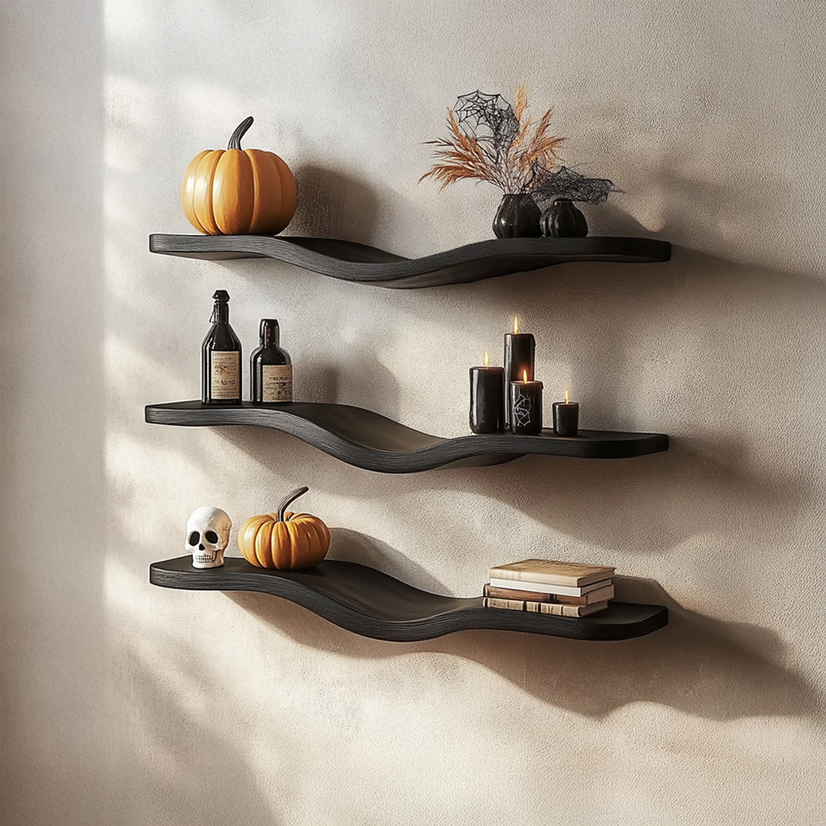 Mid Century Halloween Wavy Floating Shelf, Modern Solid Wood Curved Wall Shelf Organizer for Living Room Decor