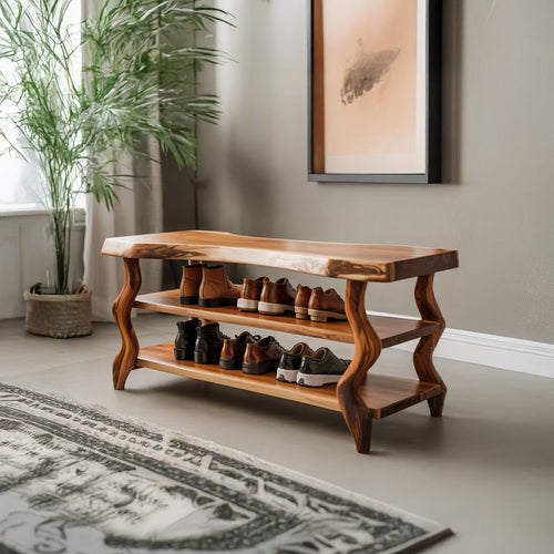 Artisan Rustic Shoe Storage Bench, Handcrafted Solid Wood Entryway Accent Bench with Storage for Living Room