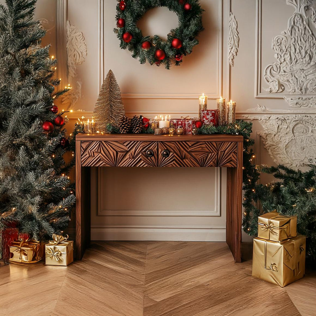 Rustic Carved Console Table, Handcrafted Solid Wood Entryway Table, Unique Foyer Holiday Display Table