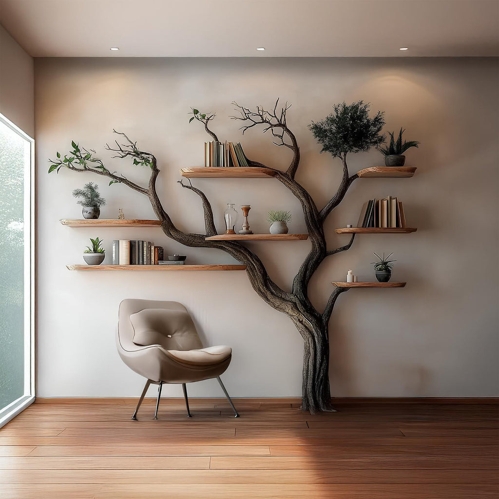 Rustic Tree Bookshelf, Solid Wood Wall Mounted Bookcase & Decorative Floating Hanging Shelf Organizer for Living Room Wall