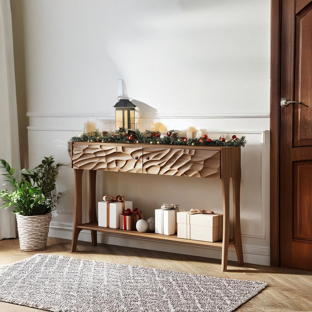 Mid Century Modern Carved Console Table, Handcrafted Solid Wood Foyer Display, Entryway & Living Room Decor