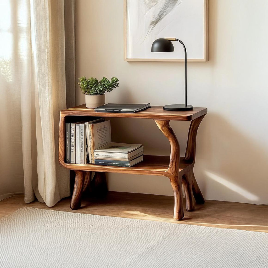 Free Standing Rustic Wood Side Table, Natural Edge Accent End Table for Living Room Sofa, Handcrafted Solid Wood