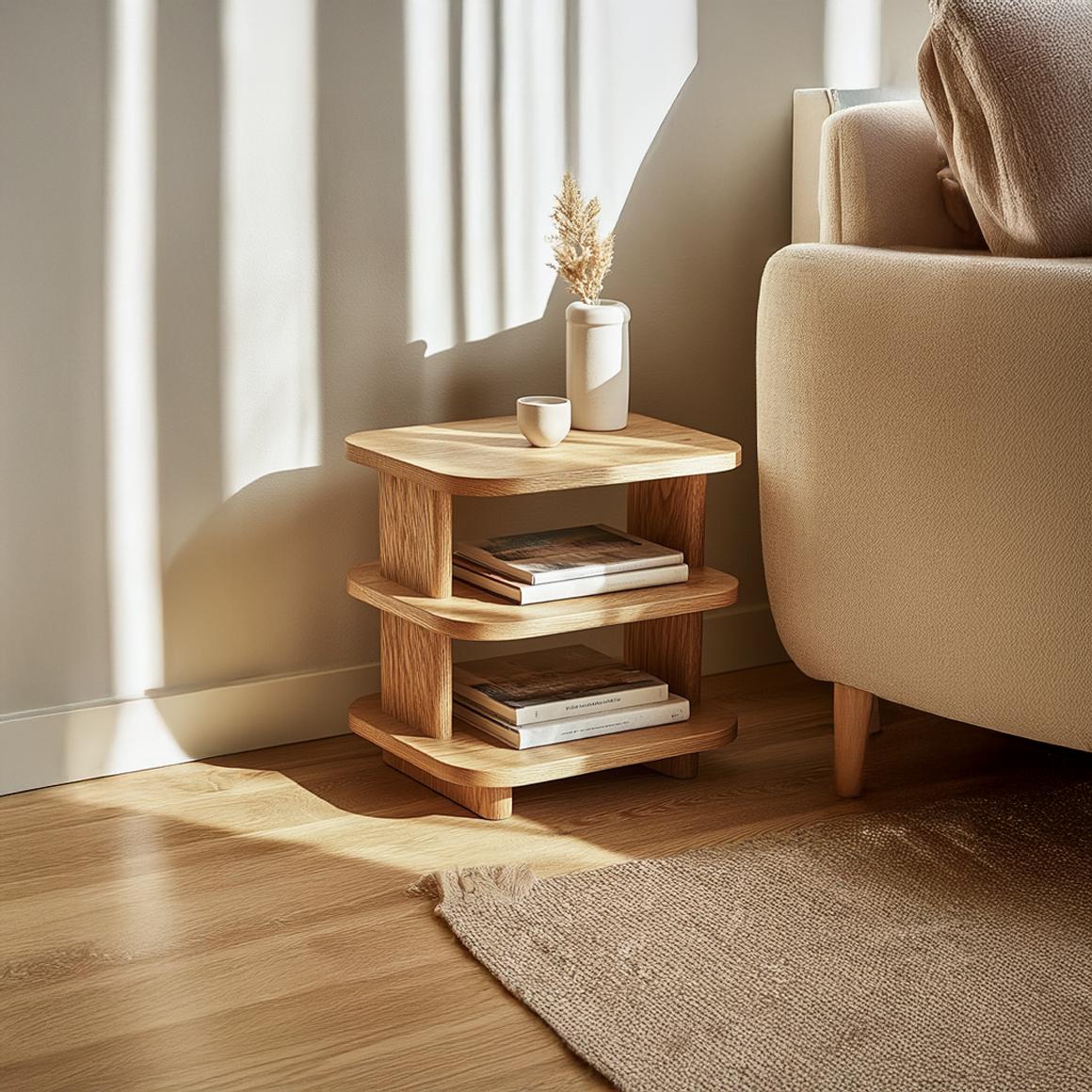 Mid Century Modern Multi Tier Wood Side Table, Handcrafted 2-Tier End Table & Nightstand for Living Room