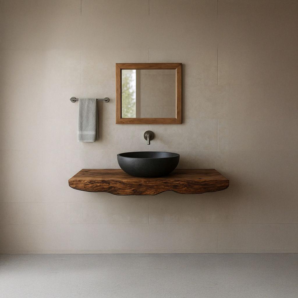 Mid-Century Floating Shelf Washstand, Solid Wood Bathroom Vanity, Single Sink Washroom Countertop Support Shelf