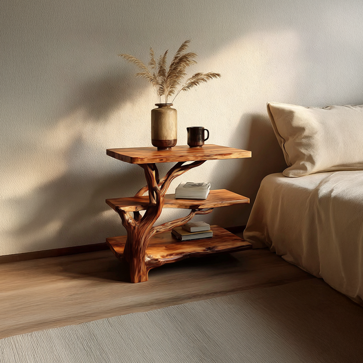 Spry Interior Rustic Tree Slab Bedside Table, Handcrafted Live Edge Wood Nightstand for Bedroom, Natural Accent End Side Table, SINLSABT073