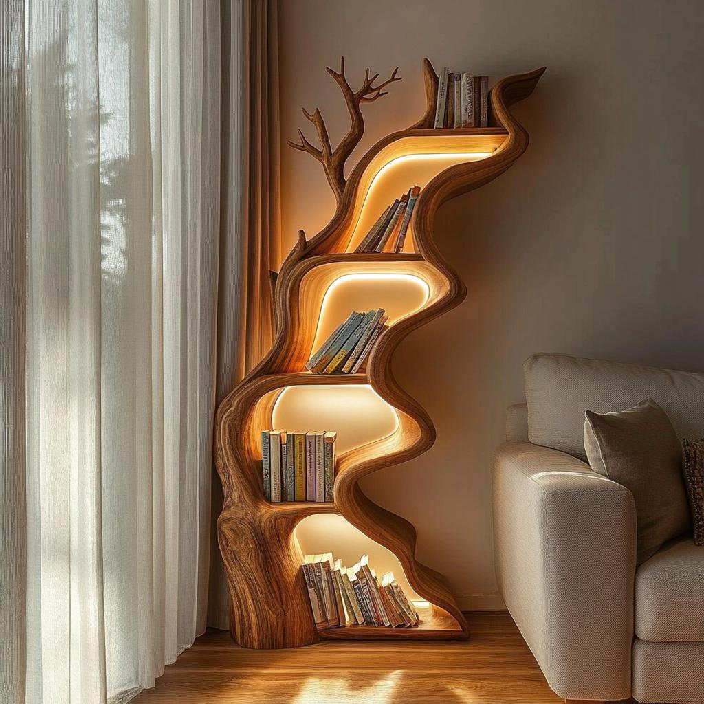 Rustic Tree Bookshelf Solid Wood Live Edge Modern Decor Gift