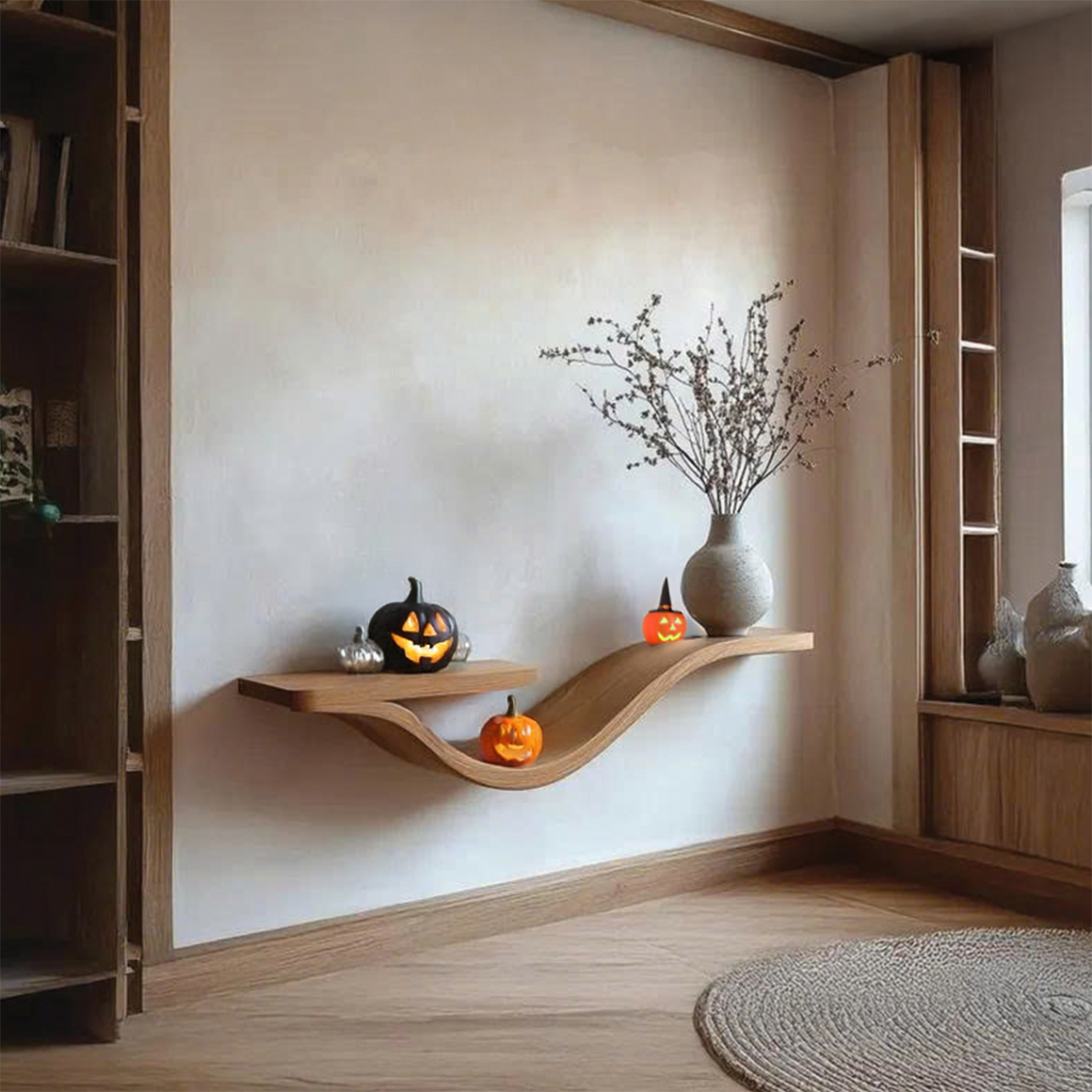 Mid-Century Curved Floating Shelf, Rustic Wooden Branch Wall Shelf, Spooky Gothic Bedroom Wall Decor Organizer