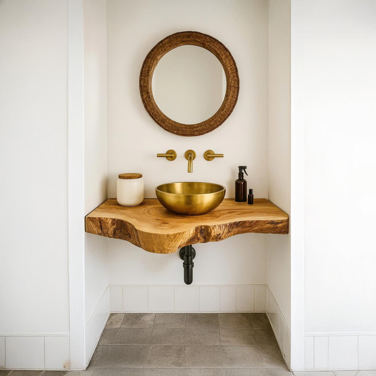 Rustic Floating Shelf, Live Edge Solid Wood Bathroom Vanity, Single Sink Washroom Countertop Console Shelf