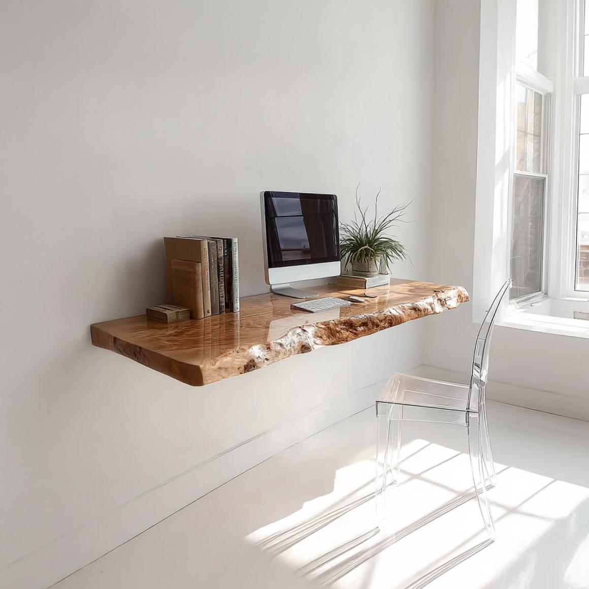 Rustic Live Edge Wall Mounted Wood Desk, Space Saving Floating Laptop Workbench for Home Office, Bedroom, Living Room