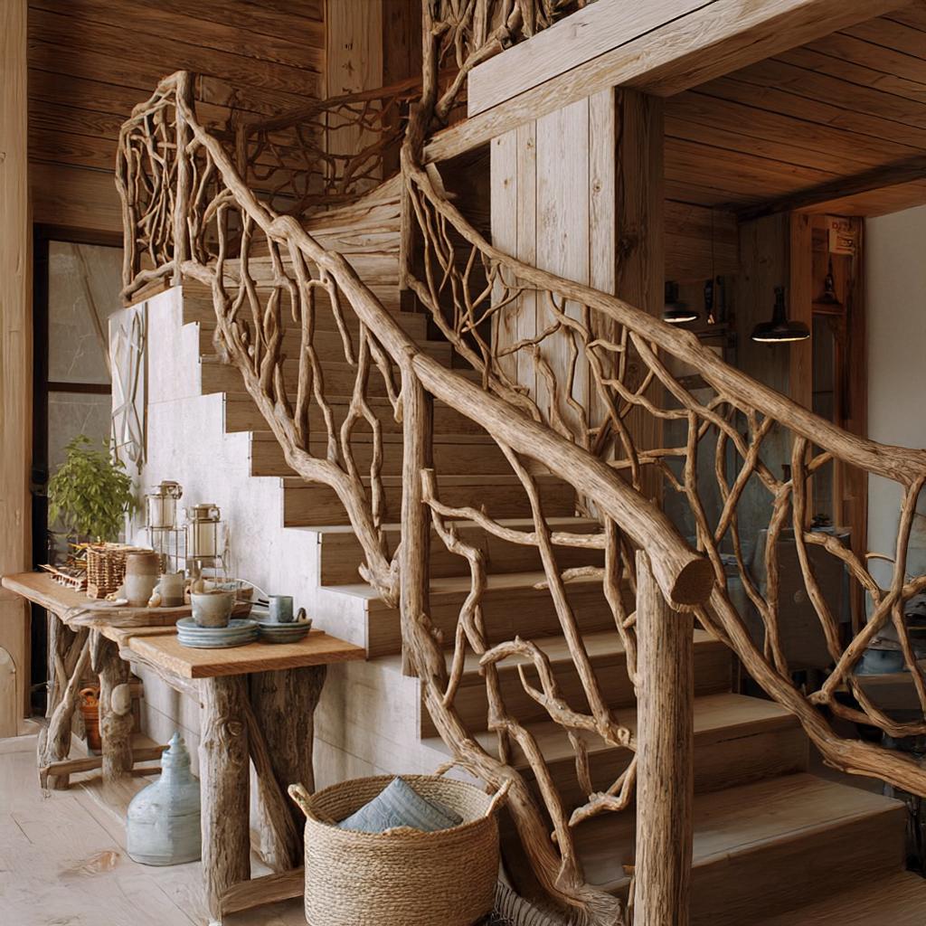 Mid Century Handcrafted Wooden Staircase Hallway