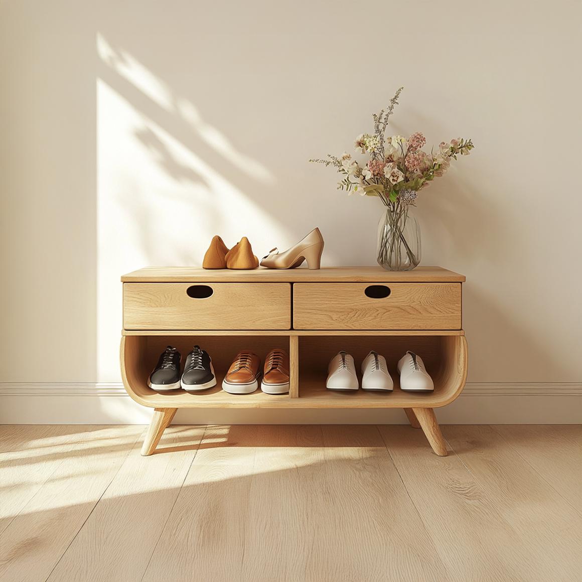 Mid Century Modern Organic Shoe Cabinet, Solid Wood Entryway Storage Organizer Bench for Hallway, Living Room