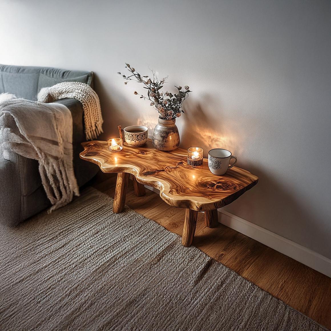 Rustic Natural Shape Wood Coffee Table, Live Edge Tree Slab Centerpiece Table for Cabin Room, Lounge, Living Room