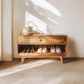 Mid Century Modern Shoe Storage Cabinet, Light Wood Entryway Bench Organizer for Hallway, Bedroom Closet