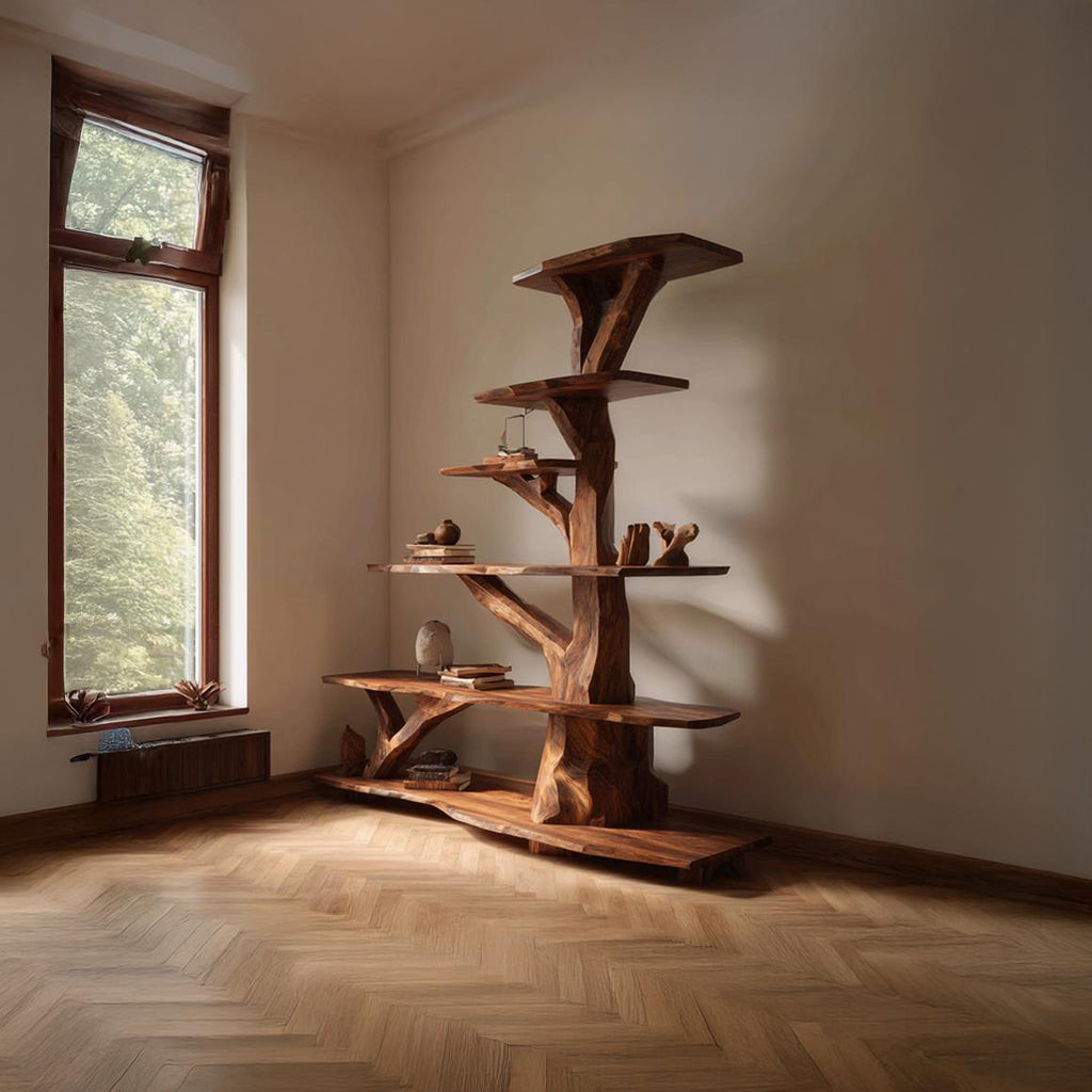 Rustic Free Standing Tree Bookshelf, Solid Wood Modern Floor Bookcase & Creative Storage Organizer for Living Room, Bedroom