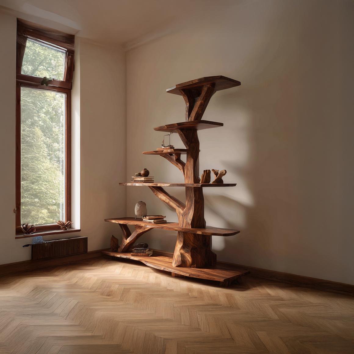 Rustic Free Standing Tree Bookshelf, Solid Wood Modern Floor Bookcase & Creative Storage Organizer for Living Room, Bedroom