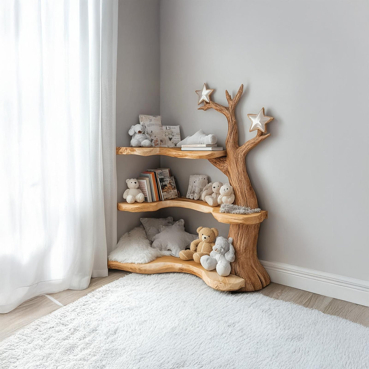 Rustic Tree Bookshelf, Handcrafted Solid Wood Bookcase & Floating Shelves for Baby Nursery Reading Nook Wall Storage