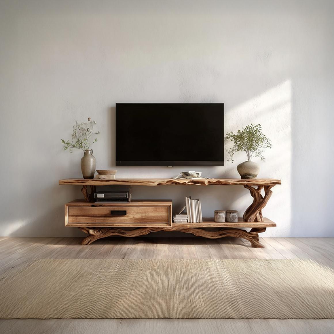 Rustic Live Edge Wood TV Cabinet, Natural Solid Slab Media Console, Low Profile Television Credenza for Living Room