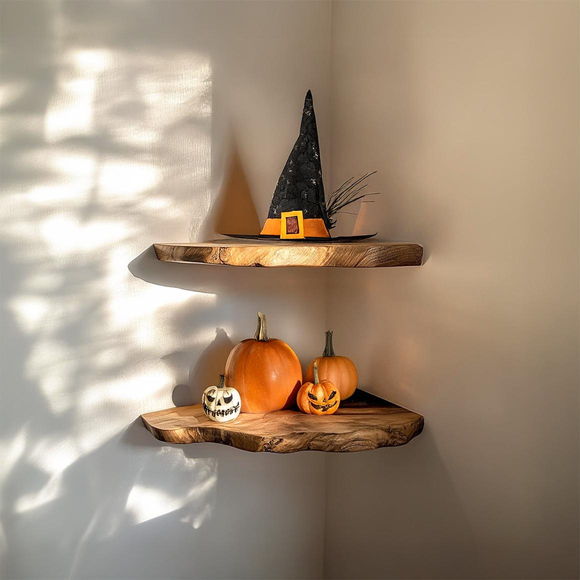 Rustic Corner Floating Shelf, Wooden Tree Branch Corner Wall Shelf, Spooky Gothic Living Room Storage Display