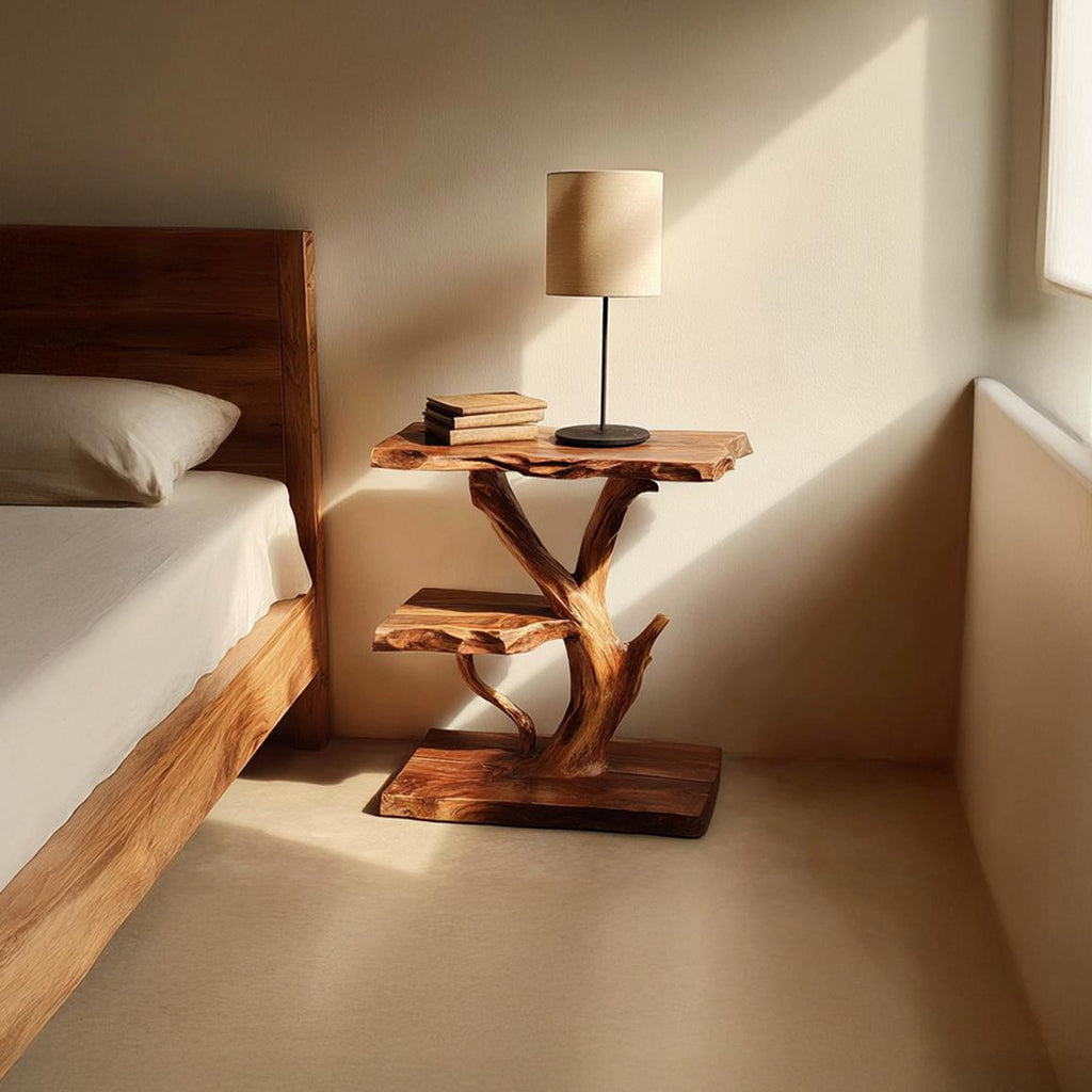 Rustic Tree Slab Bedside Table, Live Edge Wood Nightstand for Studio Apartment & Bedroom, Handcrafted End Table