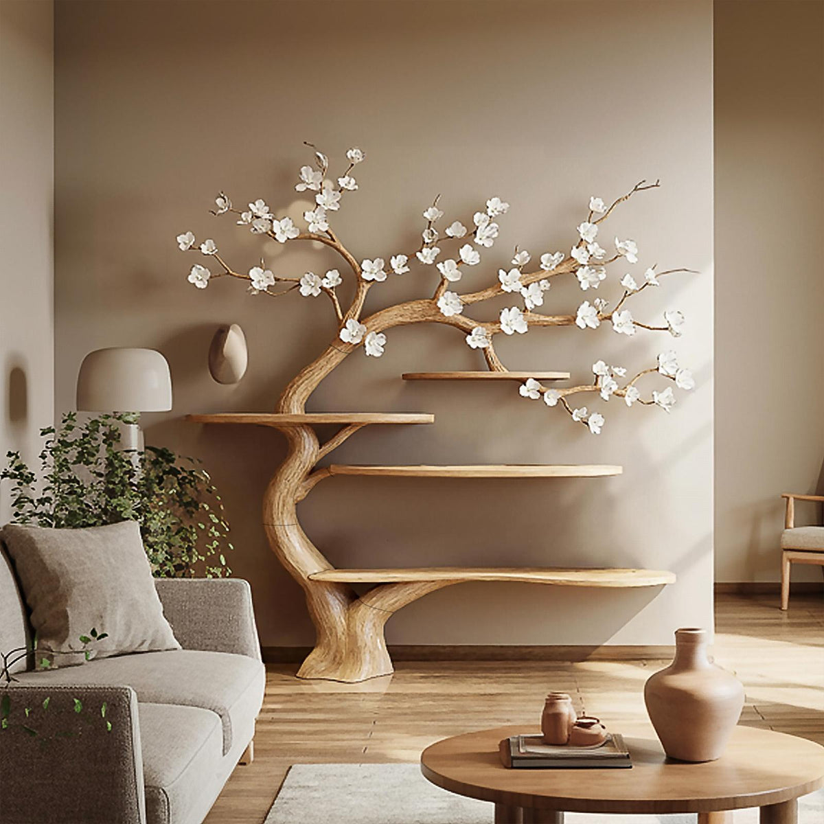 Rustic Organic Tree Bookshelf, Handcrafted Solid Wood Branch Shelving & Artistic Wall Display for Living Room Interior