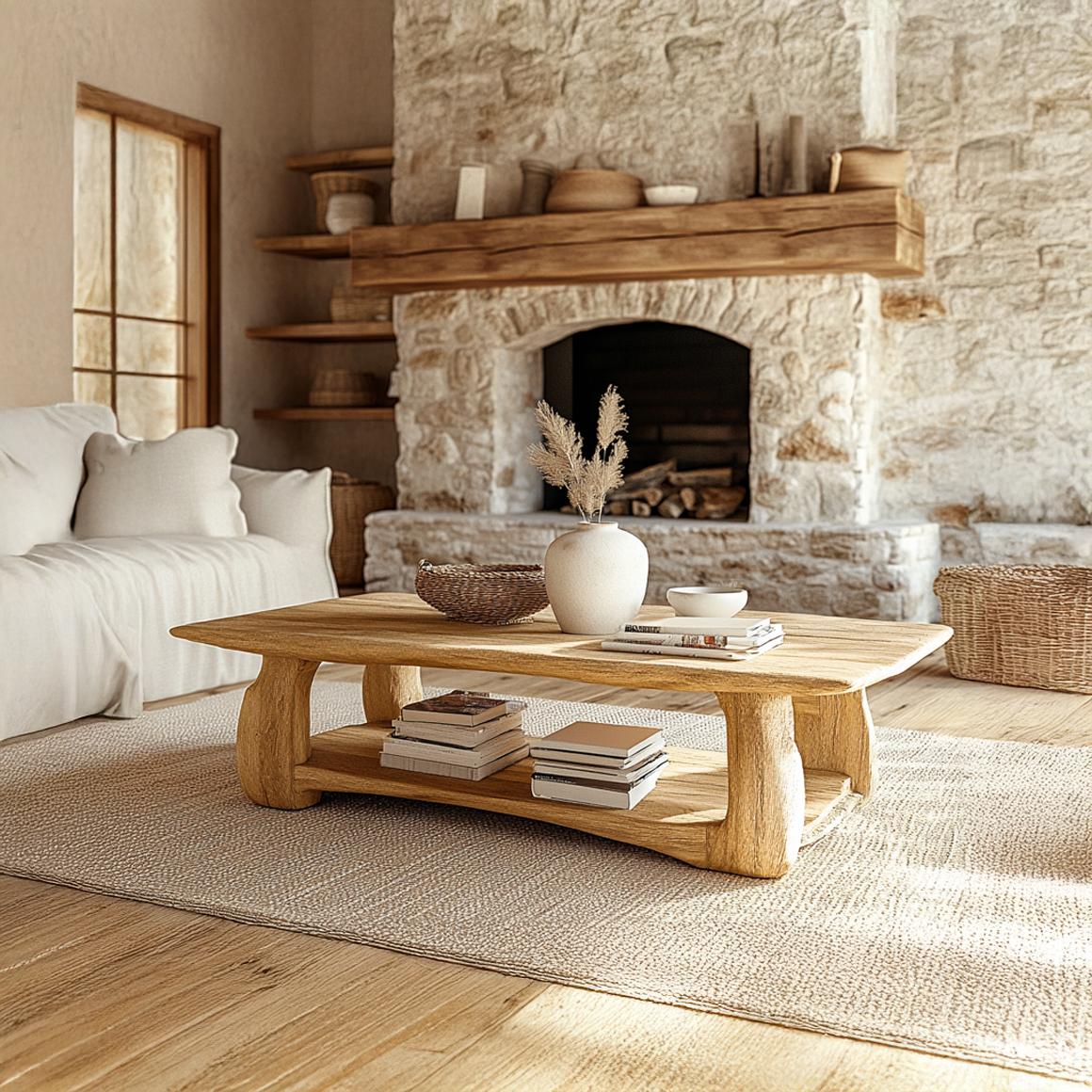 Rustic Scandinavian Coffee Table, Solid Wood Mid-Century Modern Minimalist Low Centerpiece Table for Living Room, Den