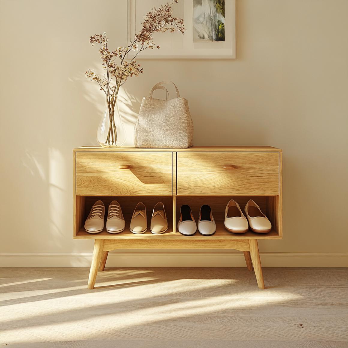Mid Century Modern Shoe Cabinet, Handcrafted Solid Wood Entryway Storage Organizer Bench for Bedroom Closet