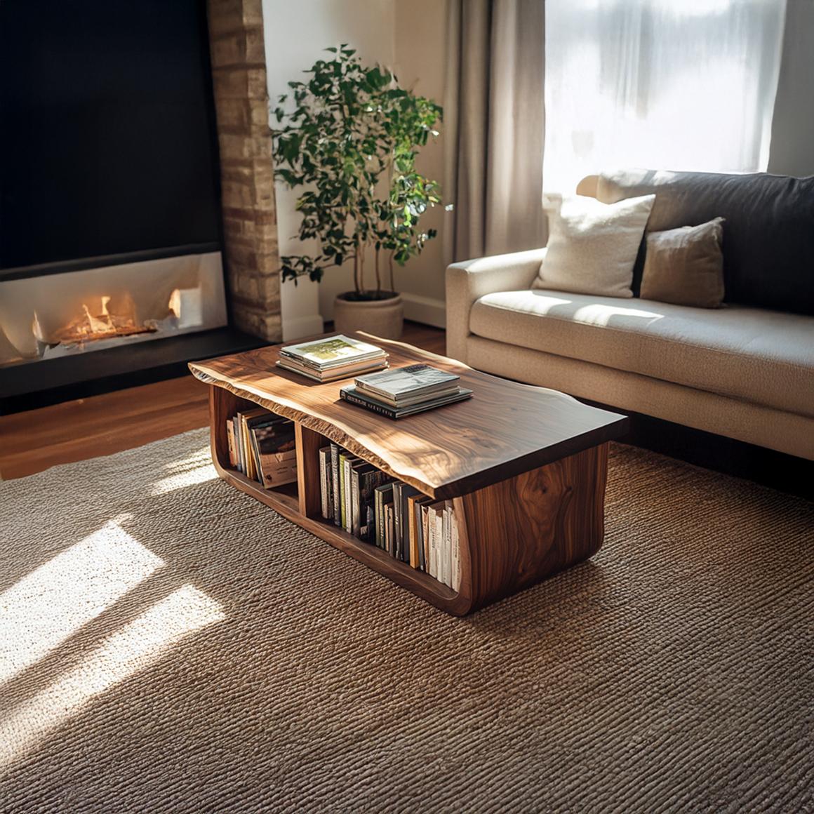 Mid Century Curved Live Edge Coffee Table, Handcrafted Wood Natural Slab Centerpiece Table for Living Room, Lounge