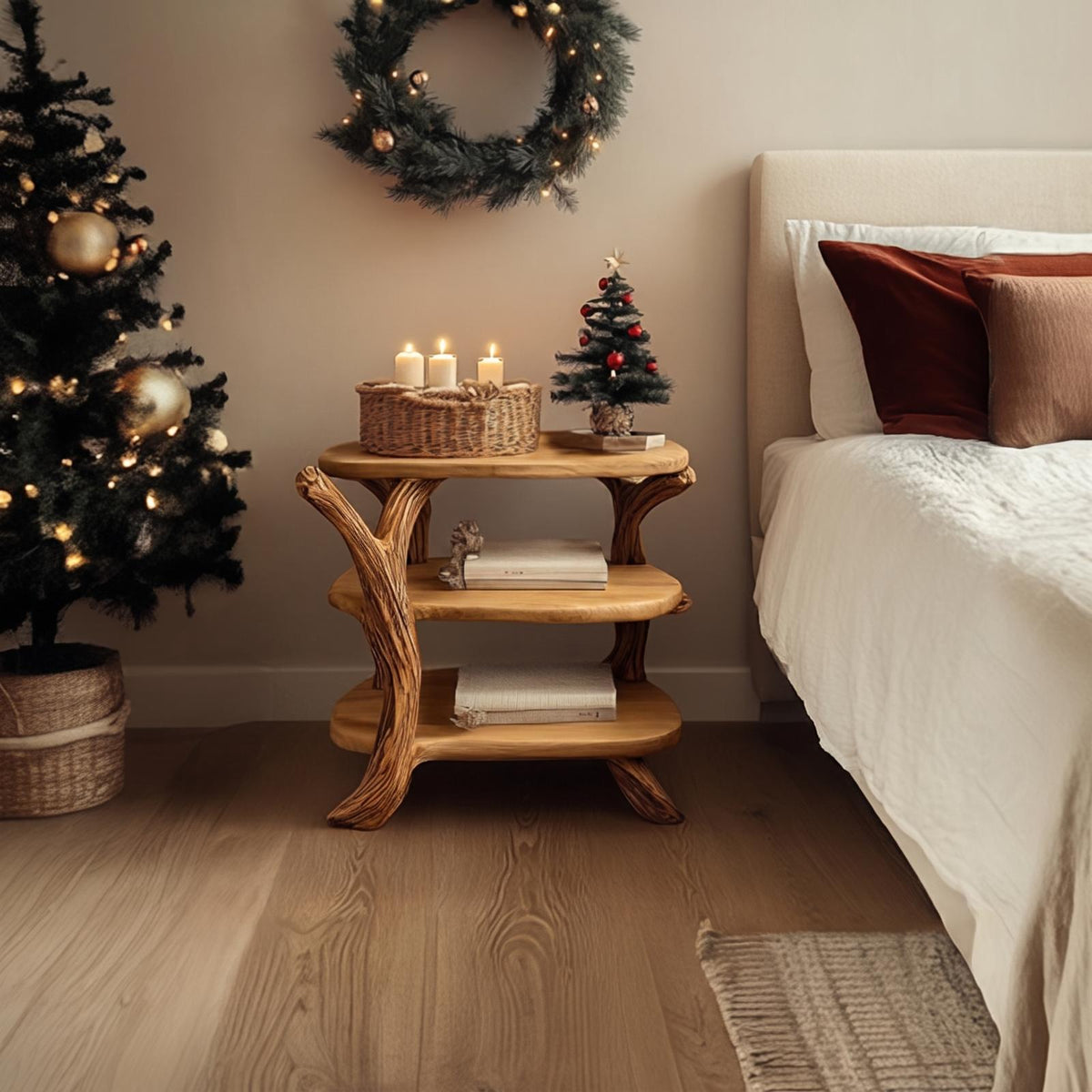 Spry Interior Rustic Tree Branch Nightstand, Handcrafted Solid Wood Bedside Table & Accent End Table for Bedroom, SINLSABT211